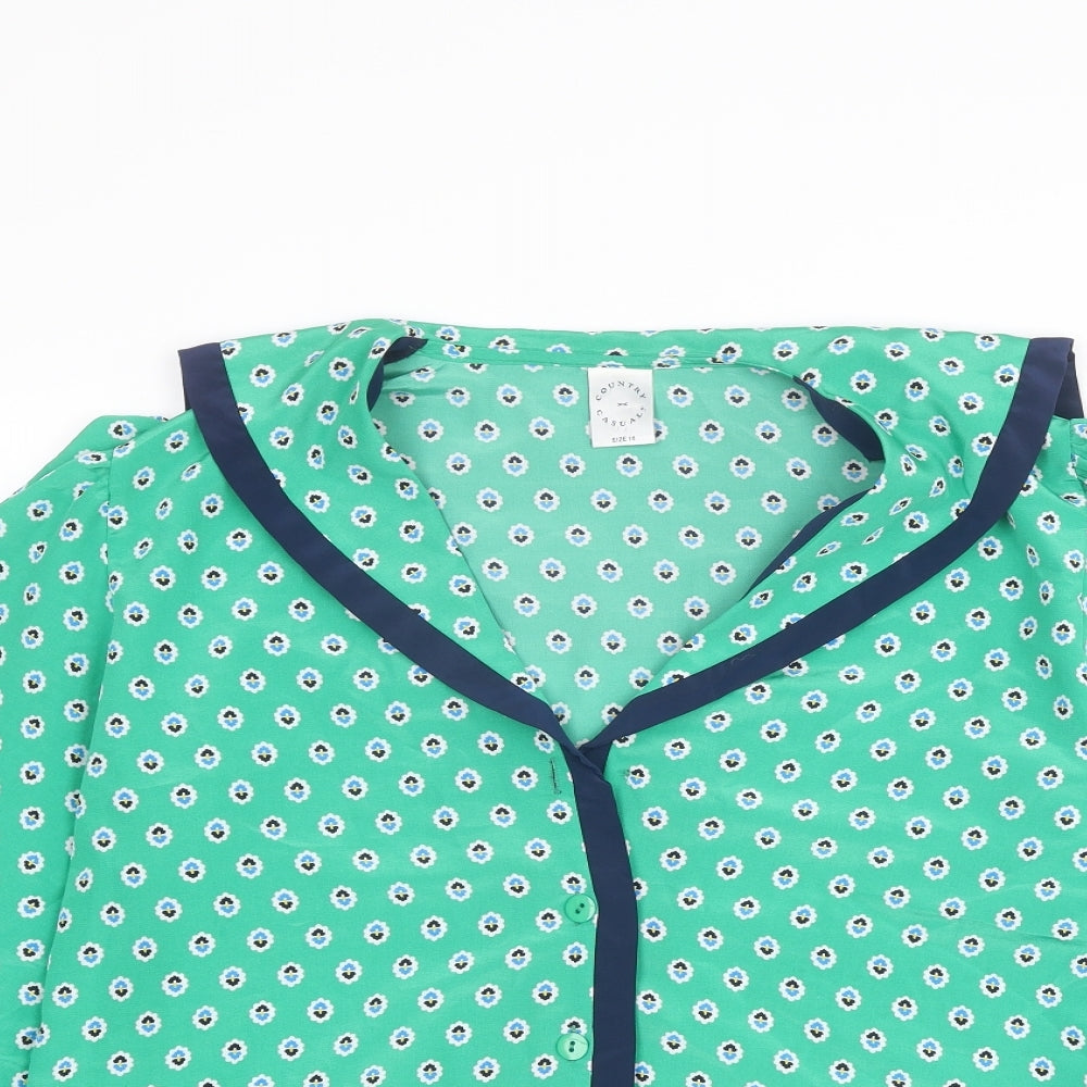 Country Casuals Womens Green Geometric Polyester Basic Button-Up Size 14 Collared
