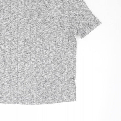 Zara Womens Grey Geometric Polyester Basic T-Shirt Size S Round Neck