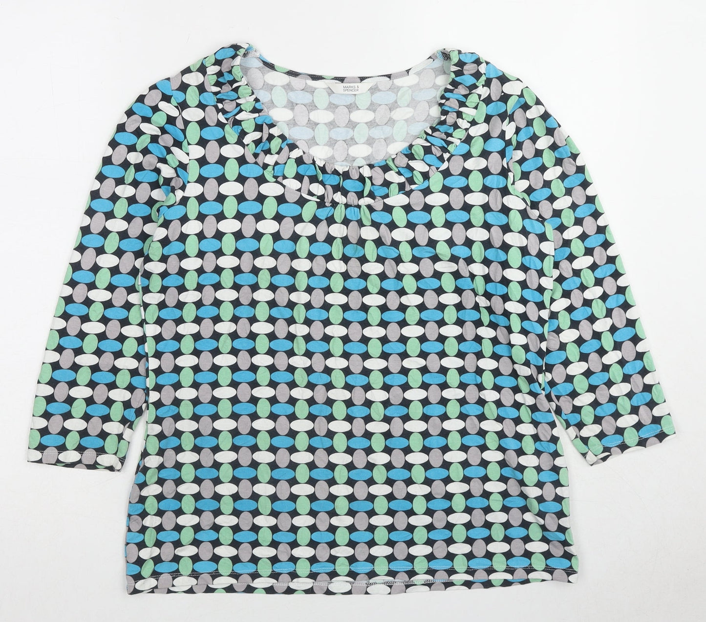 Marks and Spencer Womens Blue Geometric Viscose Basic Blouse Size 14 Boat Neck