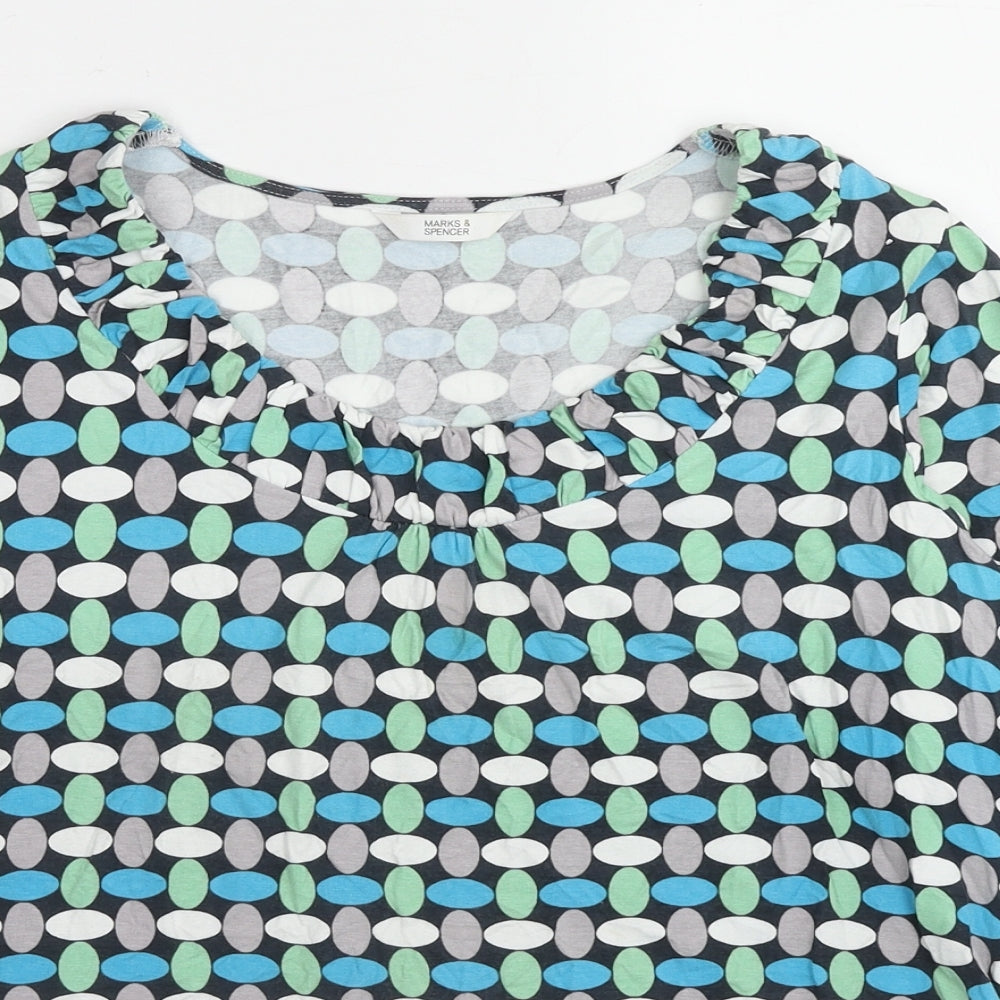 Marks and Spencer Womens Blue Geometric Viscose Basic Blouse Size 14 Boat Neck