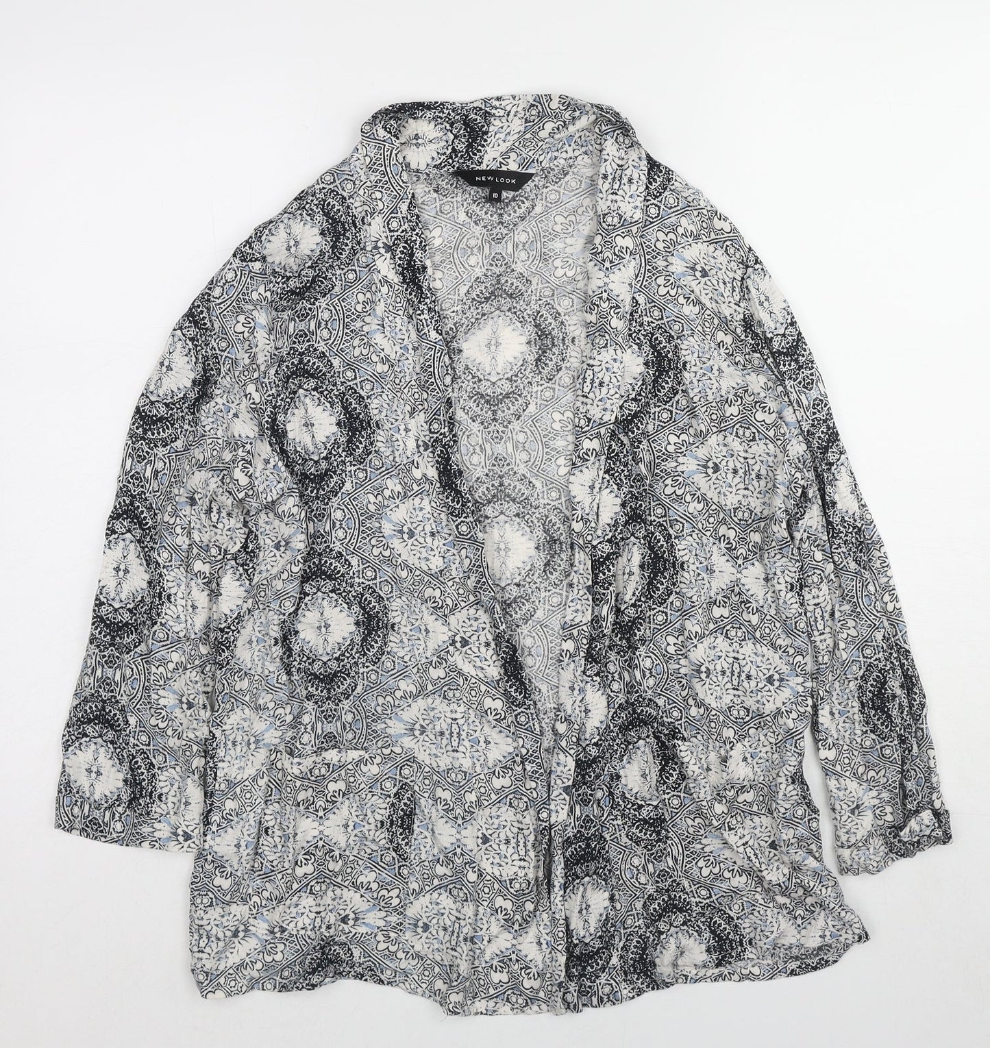 New Look Womens Grey Geometric Viscose Kimono Blouse Size 10 V-Neck