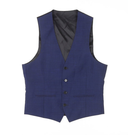 John Lewis Mens Blue Polyester Jacket Suit Waistcoat Size 36 Regular
