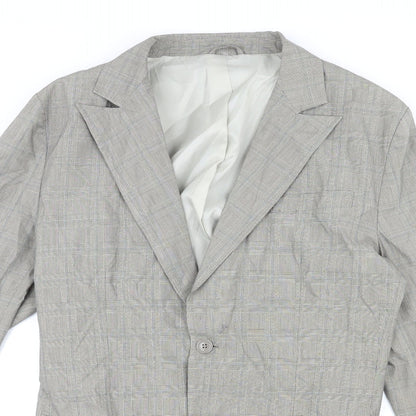 Close-up detail of French Connection men’s grey plaid cotton jacket suit jacket, size 40, regular