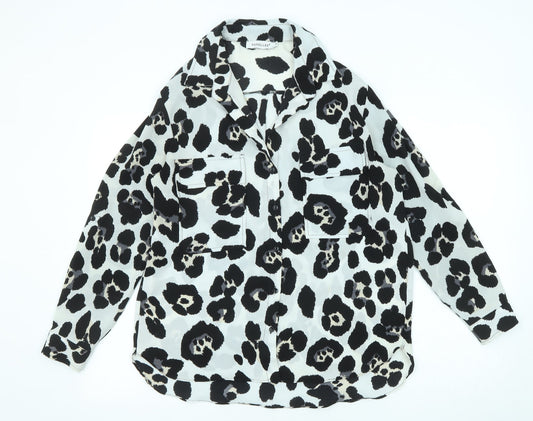 Voyelles Womens Ivory Animal Print Polyester Basic Button-Up Size S Collared - Leopard Print