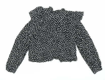 Additional front view of Next girls’ black geometric viscose basic button-up, size 13, years v-neck button - heart pattern