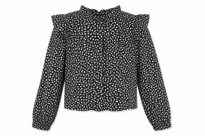 Front view of Next girls’ black geometric viscose basic button-up, size 13, years v-neck button - heart pattern
