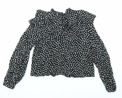 Back view of Next girls’ black geometric viscose basic button-up, size 13, years v-neck button - heart pattern