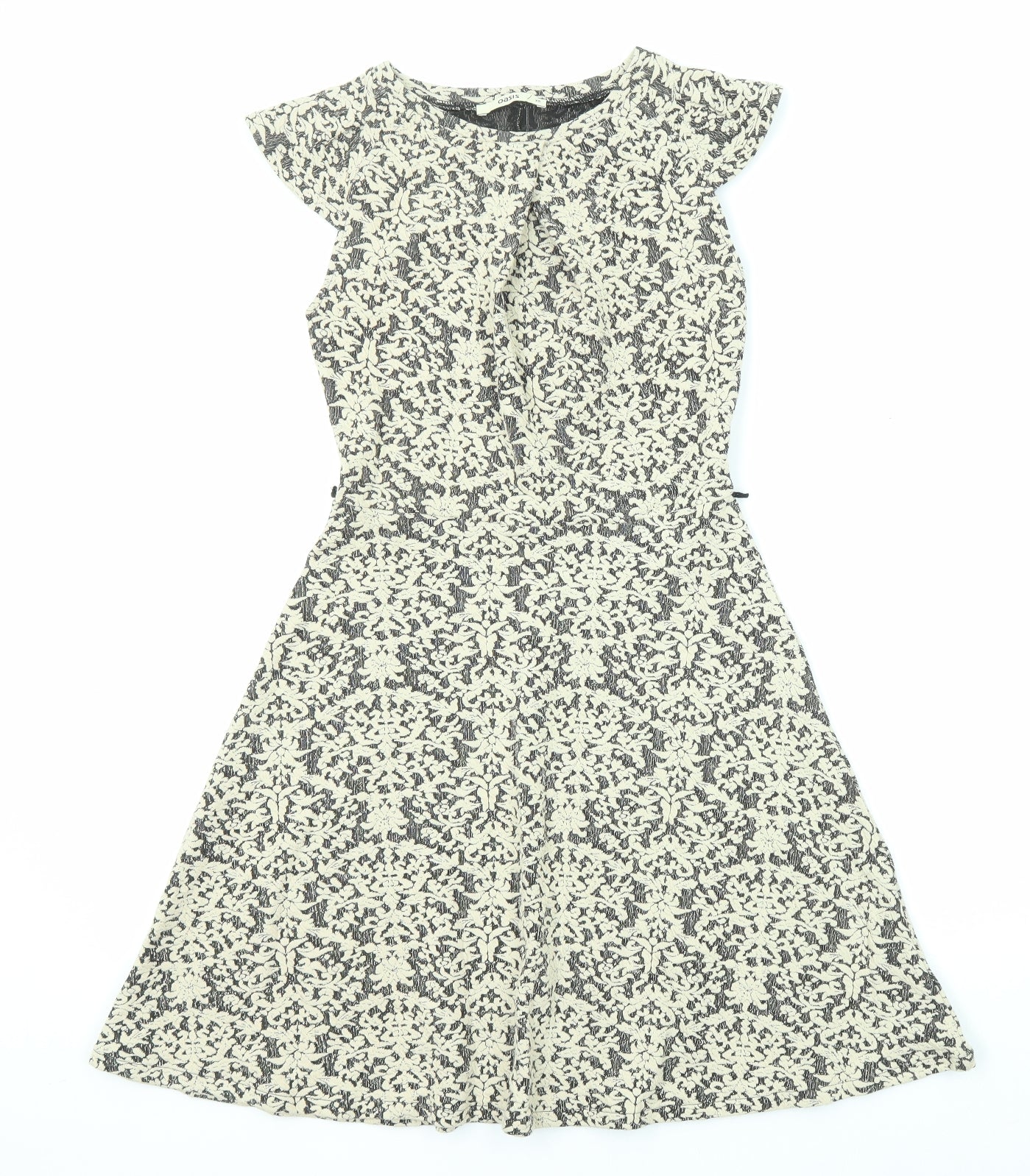 Oasis Womens Beige Geometric Cotton A-Line Size XS Boat Neck Zip - Cap Sleeve