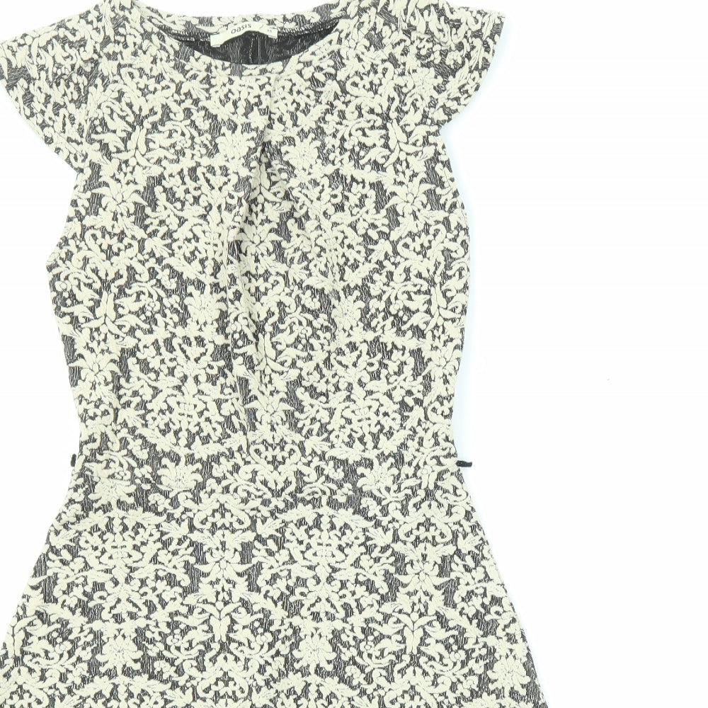 Oasis Womens Beige Geometric Cotton A-Line Size XS Boat Neck Zip - Cap Sleeve