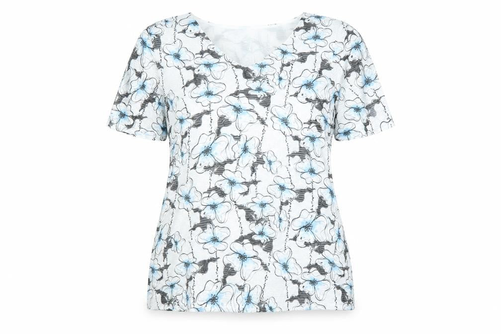 Saloos Womens White Floral Polyester Basic T-Shirt Size 16 V-Neck