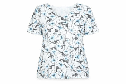Saloos Womens White Floral Polyester Basic T-Shirt Size 16 V-Neck