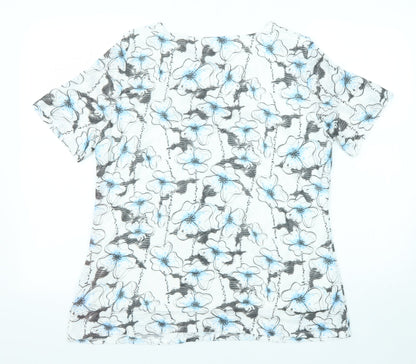 Saloos Womens White Floral Polyester Basic T-Shirt Size 16 V-Neck