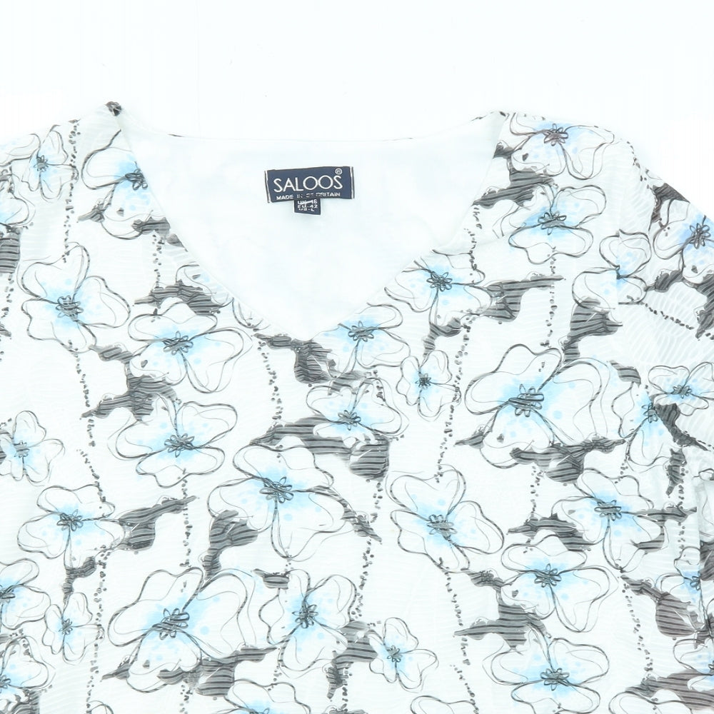 Saloos Womens White Floral Polyester Basic T-Shirt Size 16 V-Neck