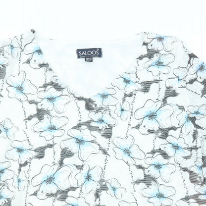Saloos Womens White Floral Polyester Basic T-Shirt Size 16 V-Neck