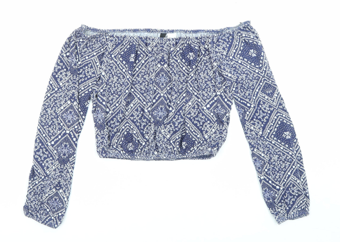 Divided by H&M Womens Blue Geometric Viscose Basic Blouse Size XS Off the Shoulder