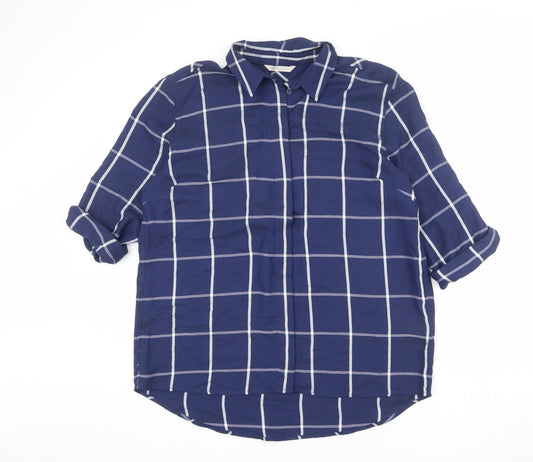 Marks and Spencer Womens Blue Check Viscose Basic Button-Up Size 14 Collared