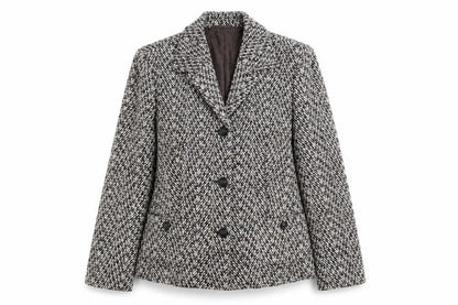 Front view of Oscar B women’s brown geometric wool jacket blazer, size UK 14
