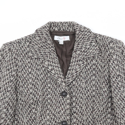 Close-up detail of Oscar B women’s brown geometric wool jacket blazer, size UK 14