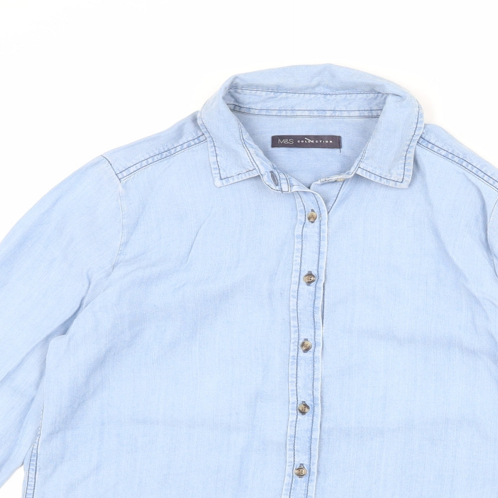 Marks and Spencer Womens Blue Lyocell Basic Button-Up Size 10 Collared