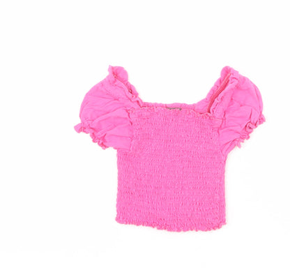Additional front view of Studio girls’ pink 100% cotton cropped blouse, size 8-9, years square neck pullover