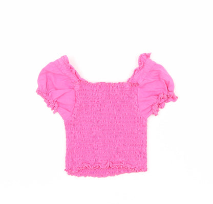 Back view of Studio girls’ pink 100% cotton cropped blouse, size 8-9, years square neck pullover