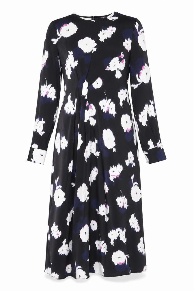 Marks & Spencer Womens Black Floral Polyester A-Line Size 8 V-Neck Zip