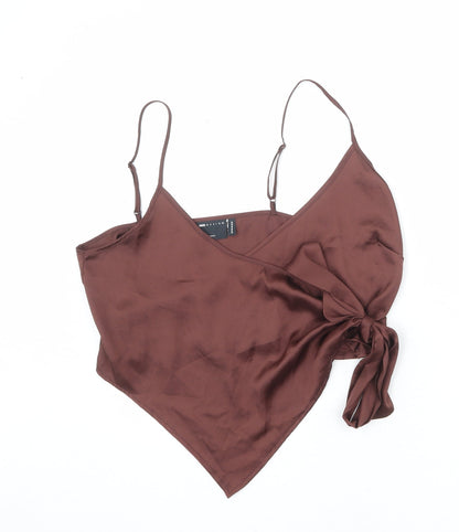 Additional front view of ASOS women’s brown polyester wrap tank, size UK 14, v-neck - cropped