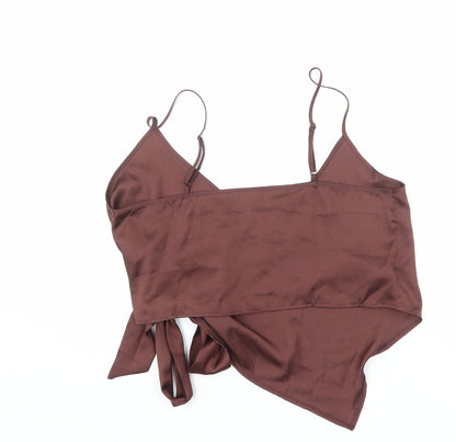 Back view of ASOS women’s brown polyester wrap tank, size UK 14, v-neck - cropped