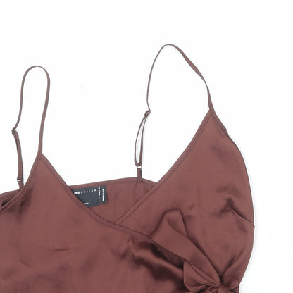 Close-up detail of ASOS women’s brown polyester wrap tank, size UK 14, v-neck - cropped