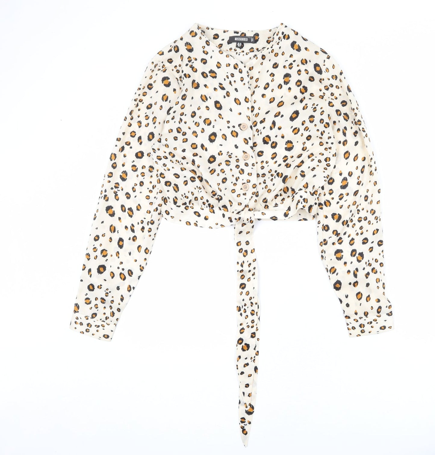 Missguided Womens Beige Animal Print Polyester Basic Button-Up Size 10 V-Neck - Leopard Print