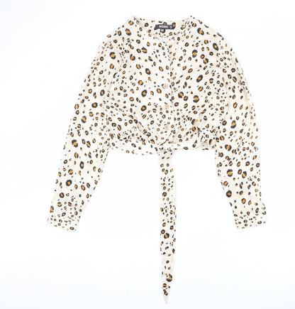 Additional front view of Missguided women’s beige animal print polyester basic button-up, size UK 10, v-neck - leopard print