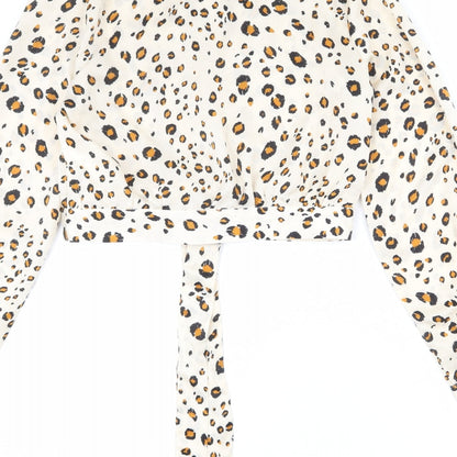Brand and care label for Missguided women’s beige animal print polyester basic button-up, size UK 10, v-neck - leopard print