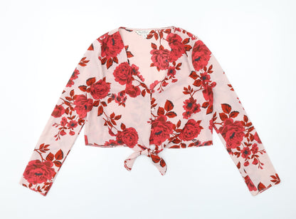 Additional front view of Missguided women’s pink floral polyester basic button-up, size UK 8, v-neck - knot front