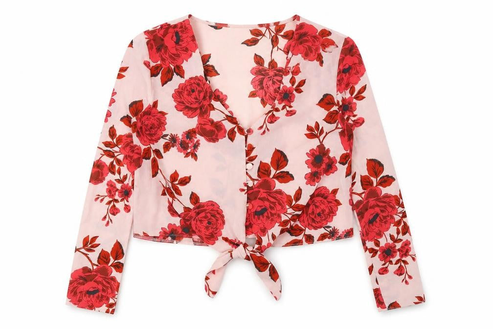 Missguided Womens Pink Floral Polyester Basic Button-Up Size 8 V-Neck - Knot Front