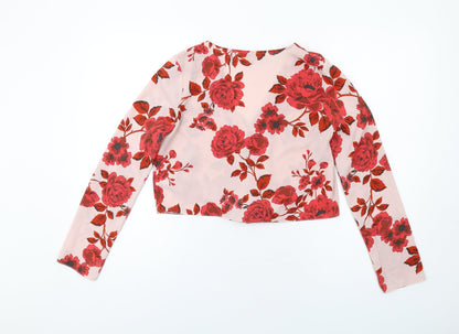 Back view of Missguided women’s pink floral polyester basic button-up, size UK 8, v-neck - knot front