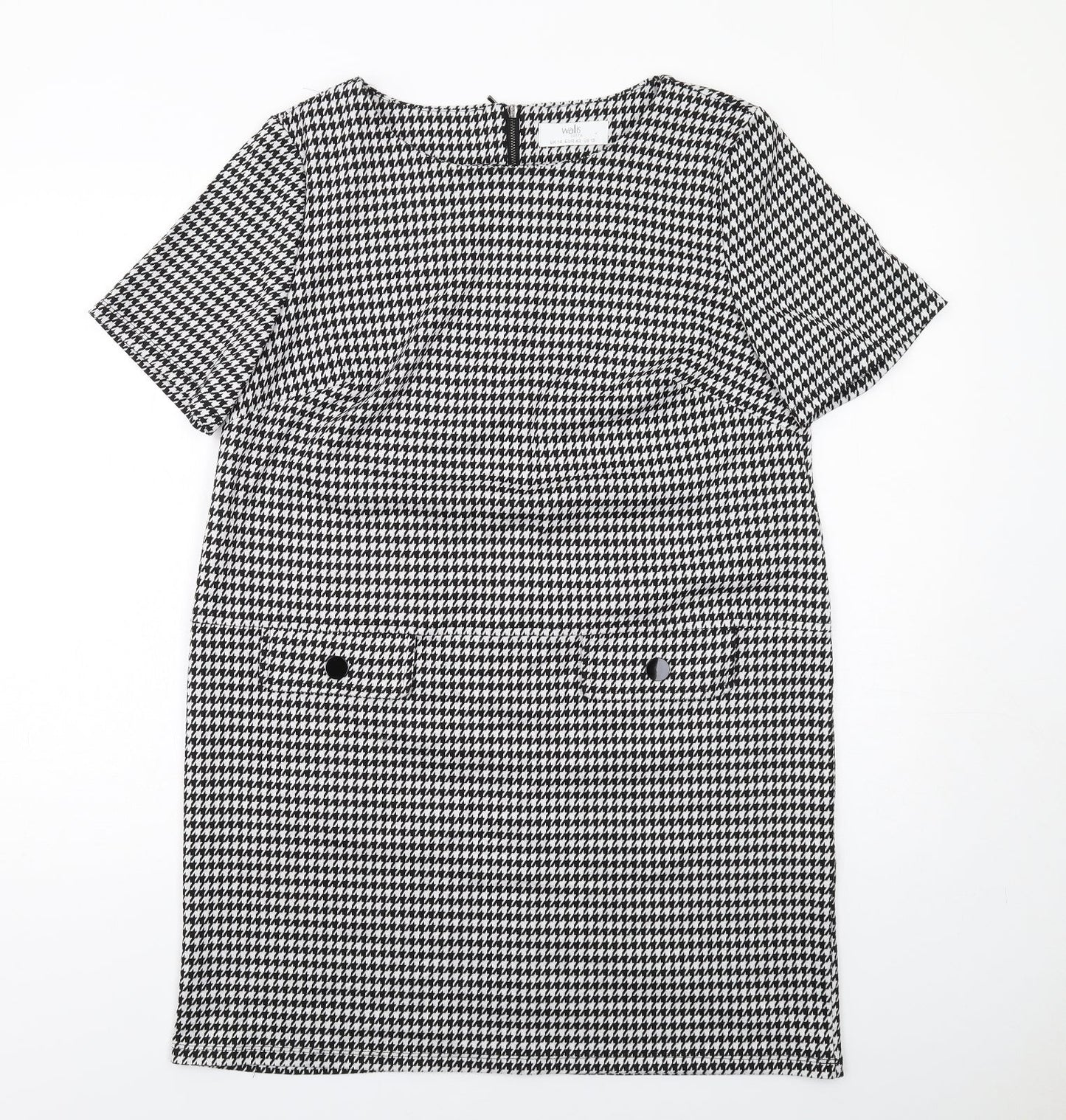 Wallis Womens Black Geometric Polyester Shift Size 14 Boat Neck Zip