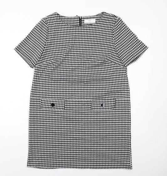 Wallis Womens Black Geometric Polyester Shift Size 14 Boat Neck Zip
