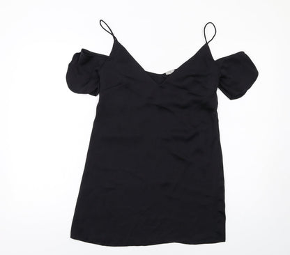 Additional front view of ASOS women’s black polyester a-line, size XS, v-neck pullover - cold shoulder