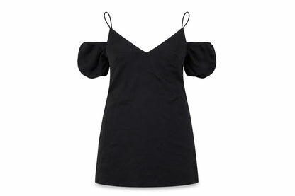 Front view of ASOS women’s black polyester a-line, size XS, v-neck pullover - cold shoulder