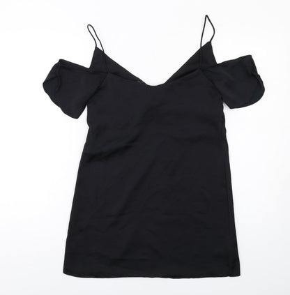 Back view of ASOS women’s black polyester a-line, size XS, v-neck pullover - cold shoulder