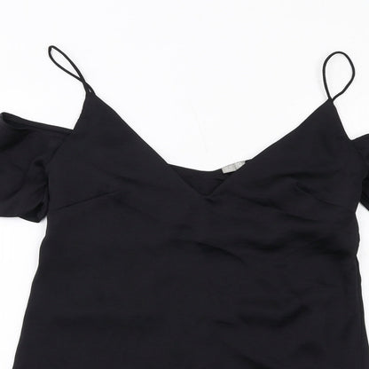 Close-up detail of ASOS women’s black polyester a-line, size XS, v-neck pullover - cold shoulder