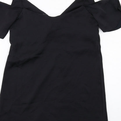 Brand and care label for ASOS women’s black polyester a-line, size XS, v-neck pullover - cold shoulder