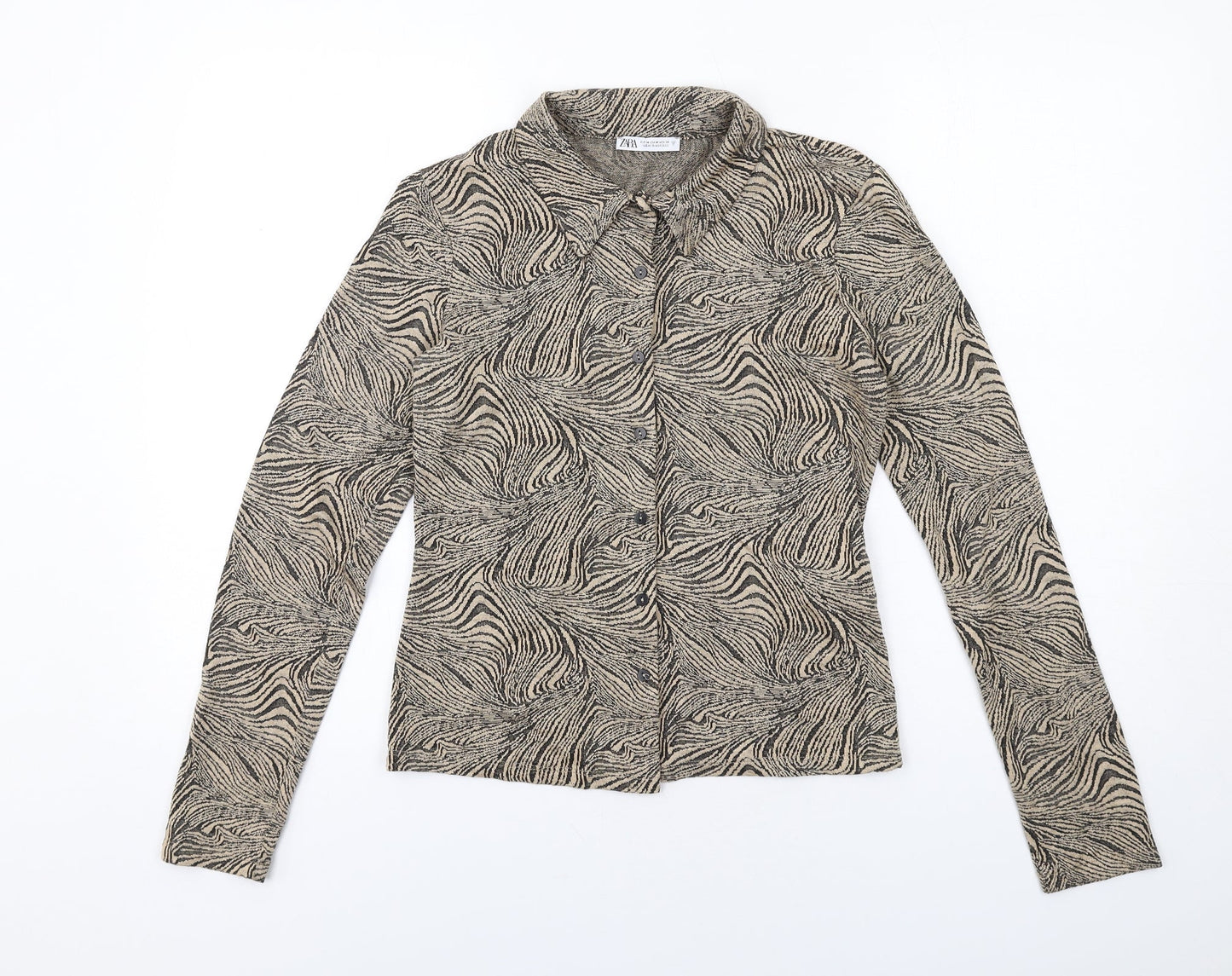 Zara Womens Beige Geometric Polyester Basic Button-Up Size M Collared