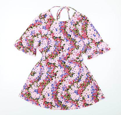 Additional front view of Miss Selfridge women’s multicoloured floral polyester mini, size UK 8, round neck pullover