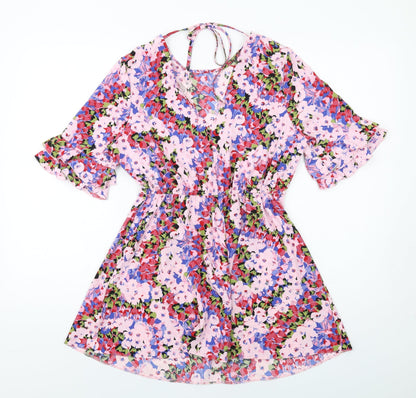 Back view of Miss Selfridge women’s multicoloured floral polyester mini, size UK 8, round neck pullover