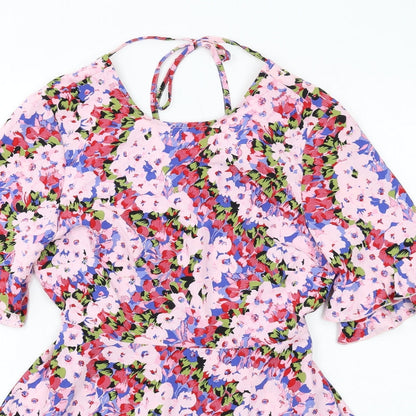 Close-up detail of Miss Selfridge women’s multicoloured floral polyester mini, size UK 8, round neck pullover