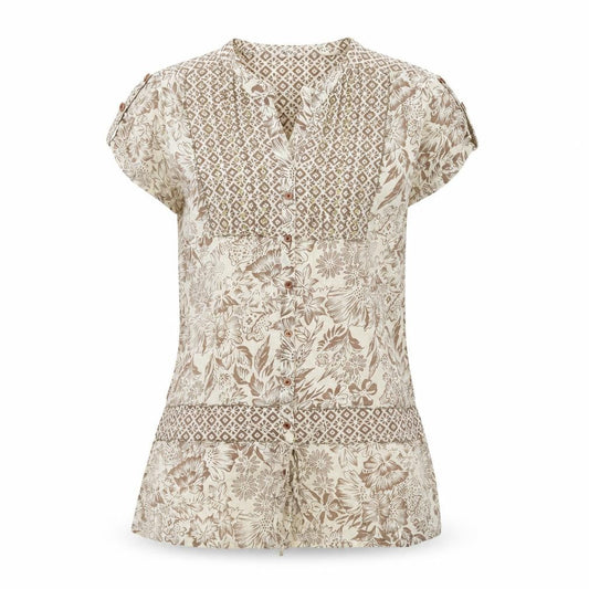 Today's Woman Womens Beige Floral Cotton Basic Button-Up Size 10 V-Neck