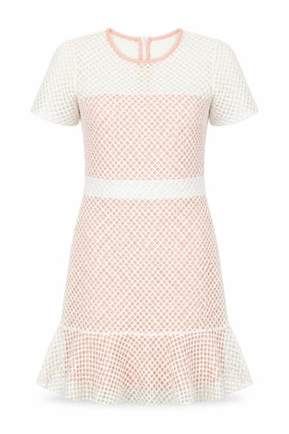 Front view of ASOS women’s pink polyester shift, size UK 8, crew neck zip