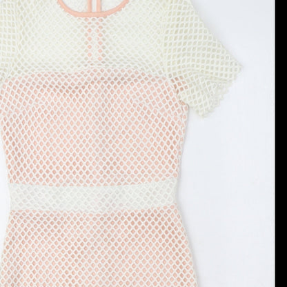 Close-up detail of ASOS women’s pink polyester shift, size UK 8, crew neck zip