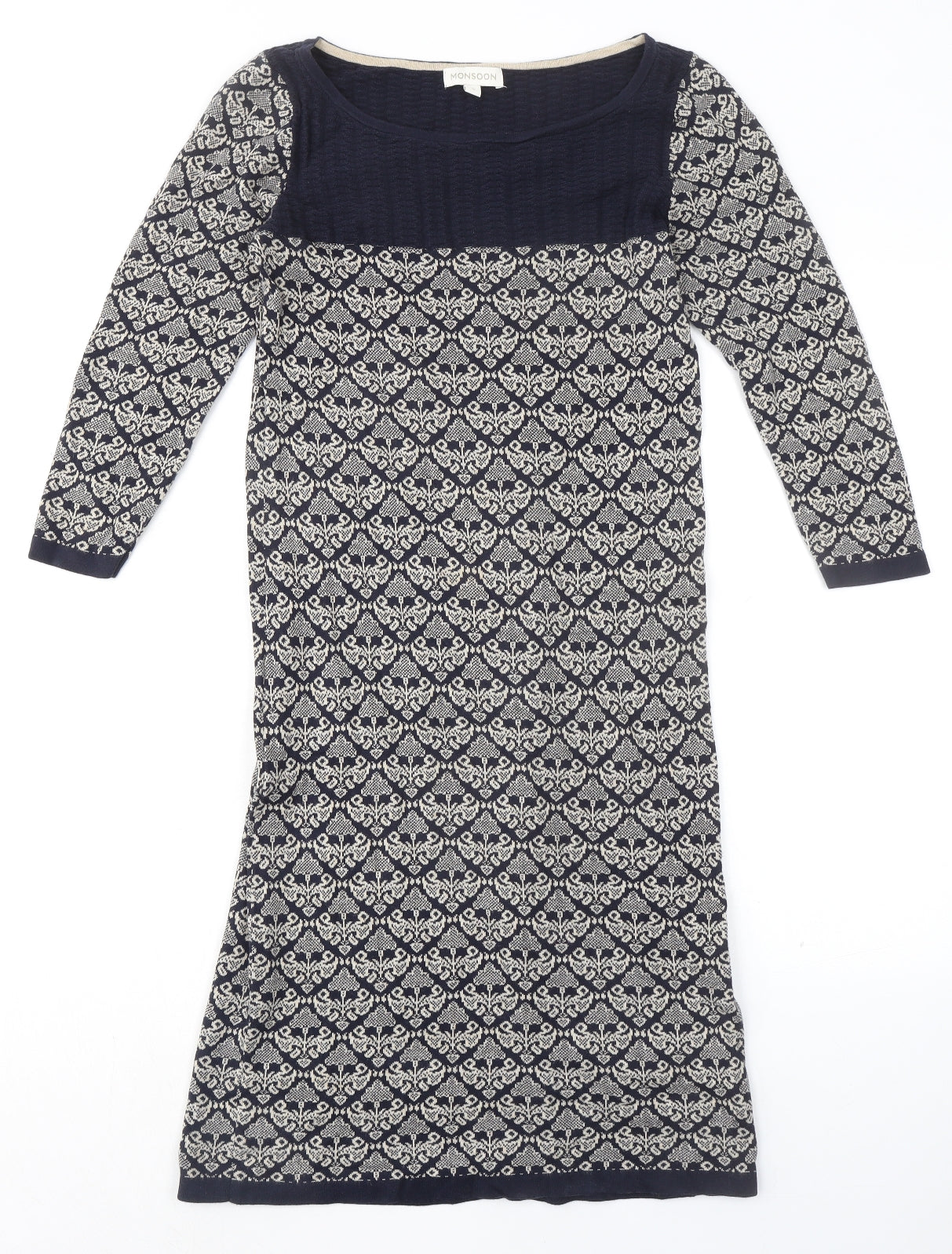 Monsoon Womens Blue Geometric 100% Cotton Sheath Size S Boat Neck Pullover